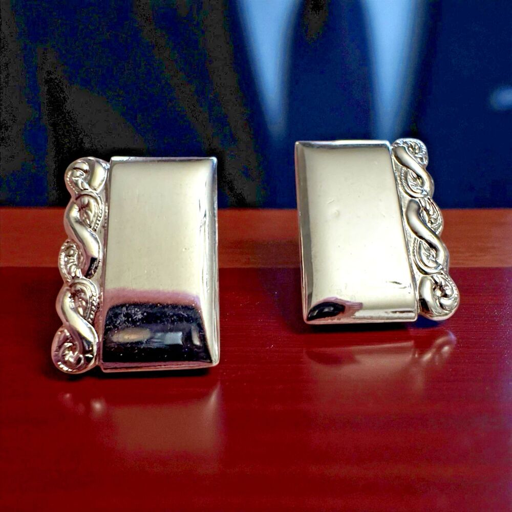 Silver Tone Rectangle Cufflinks Rope Edge Design 1 Inch
